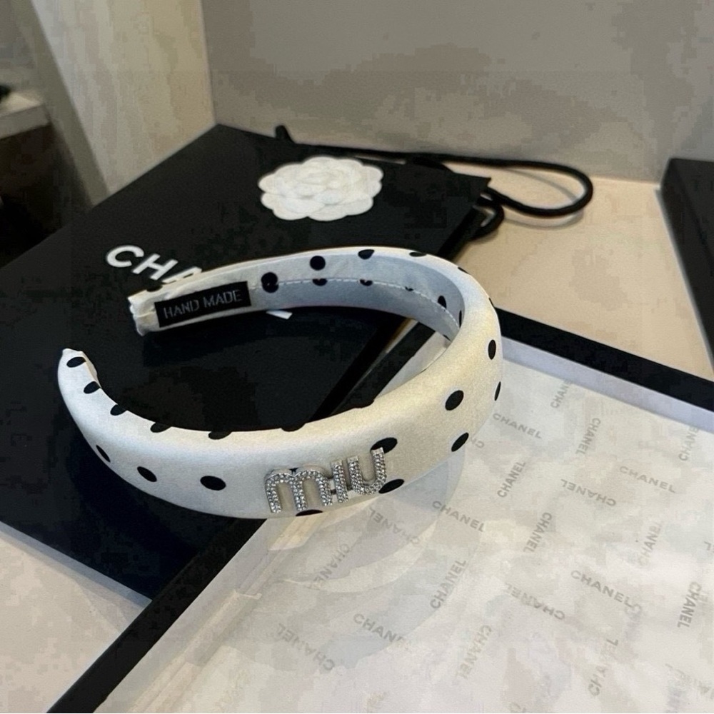 Miu Miu White Polka Dot Headband with Crystal Logo